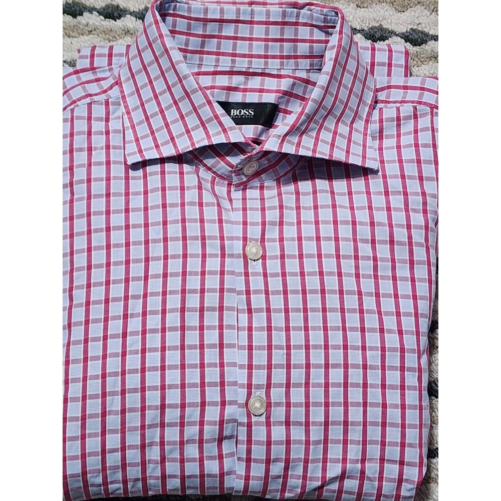 Hugo Boss Men's Blue Red Check Sharp Fit Cotton Dress Shirt Size 15.5 X 32/33